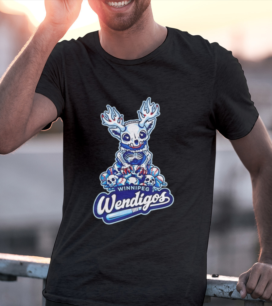 Winnipeg Wendigos Baseball Skull With Antlers And Blue Bats T-Shirt