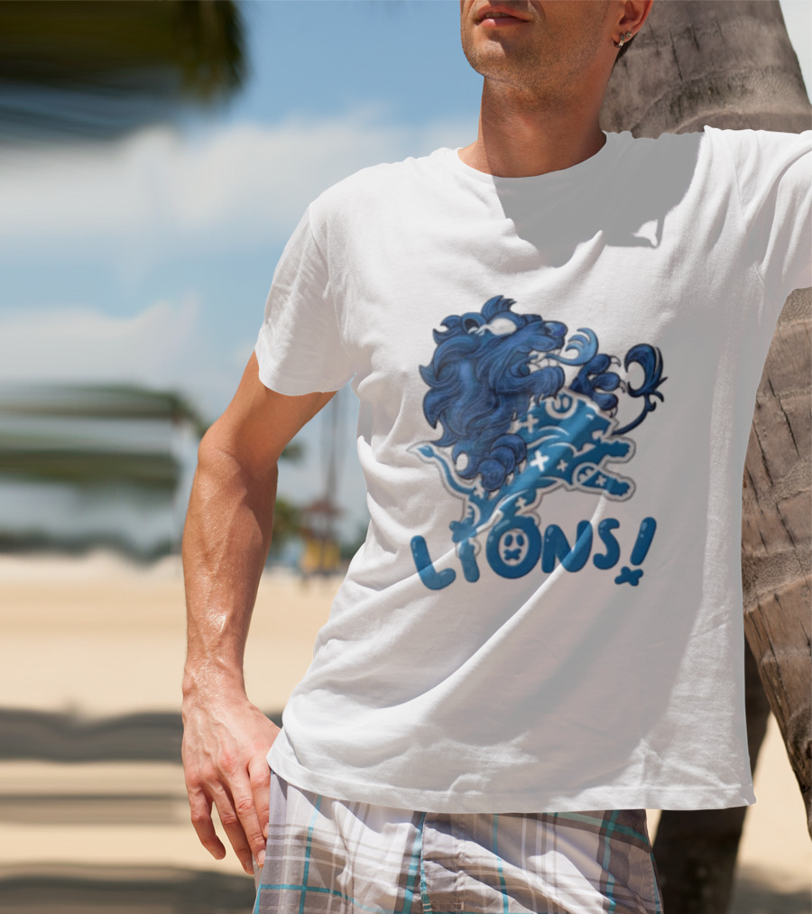 Detroit Lions Blue Lion Roaring Mascot With Playful Lettering T-Shirt