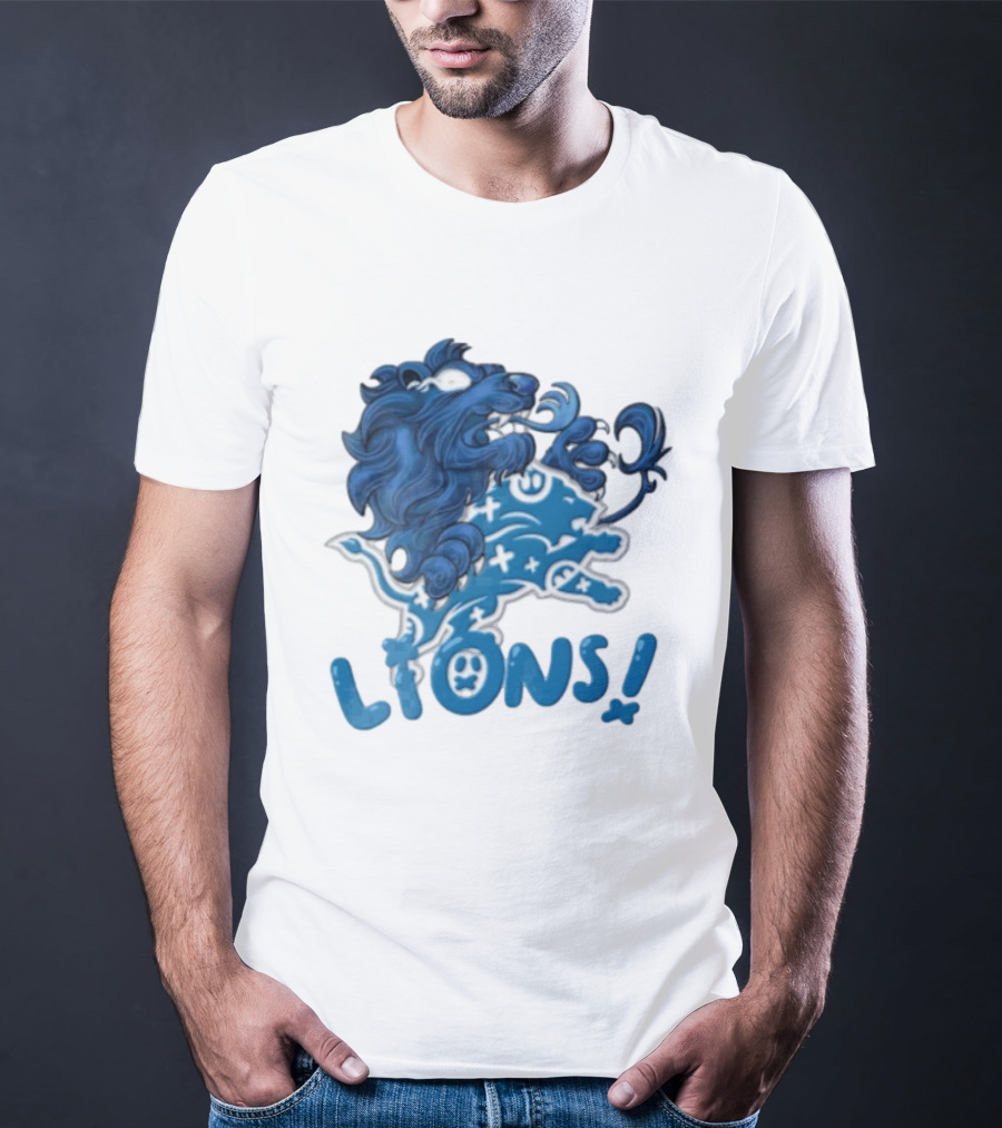 Detroit Lions Blue Lion Roaring Mascot With Playful Lettering T-Shirt