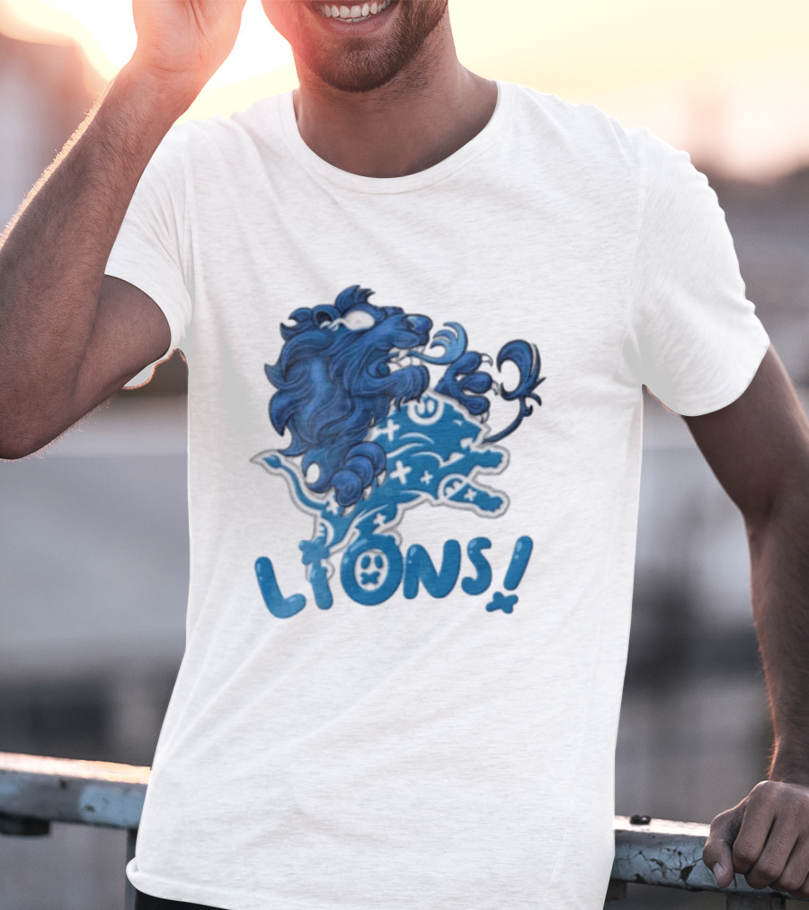 Detroit Lions Blue Lion Roaring Mascot With Playful Lettering T-Shirt