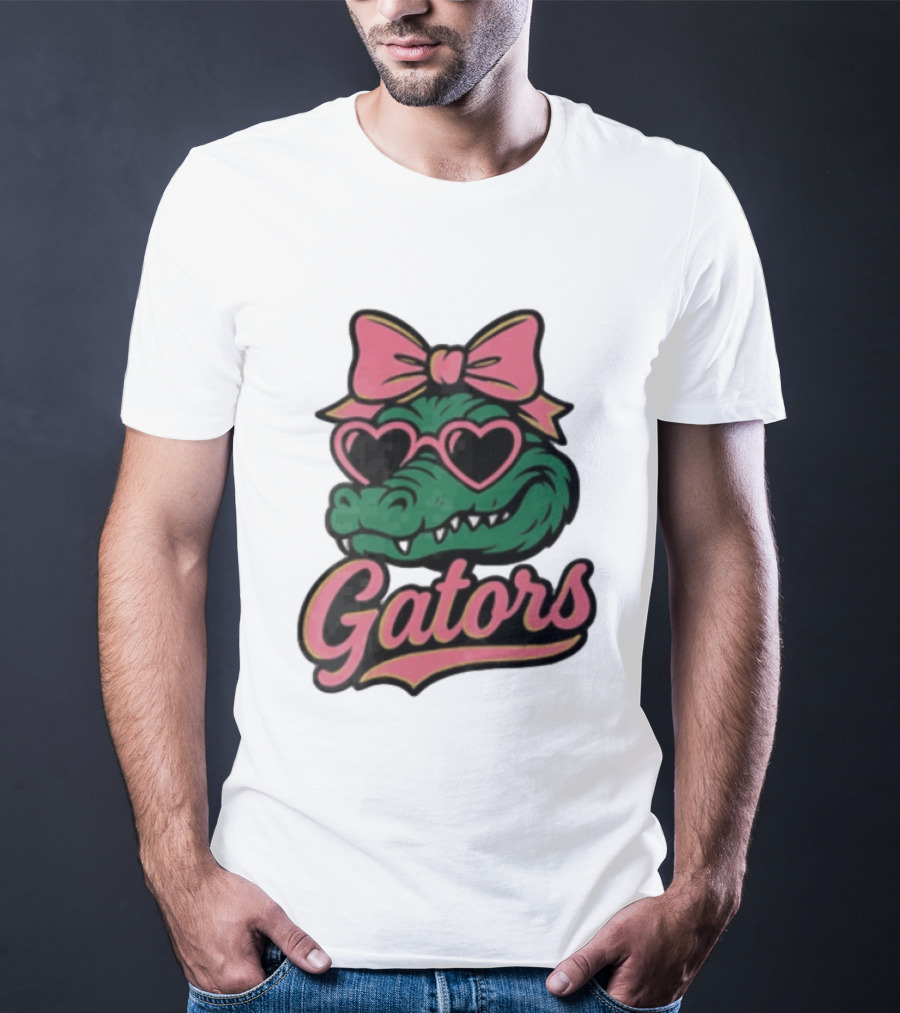 Florida Gators Green Alligator Pink Bow Heart Sunglasses T-Shirt