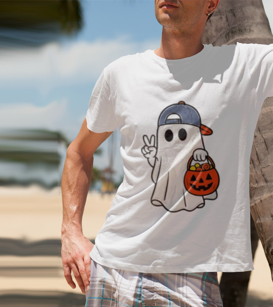 Ghost In Cap With Peace Sign Holding Pumpkin Bucket Halloween T-Shirt