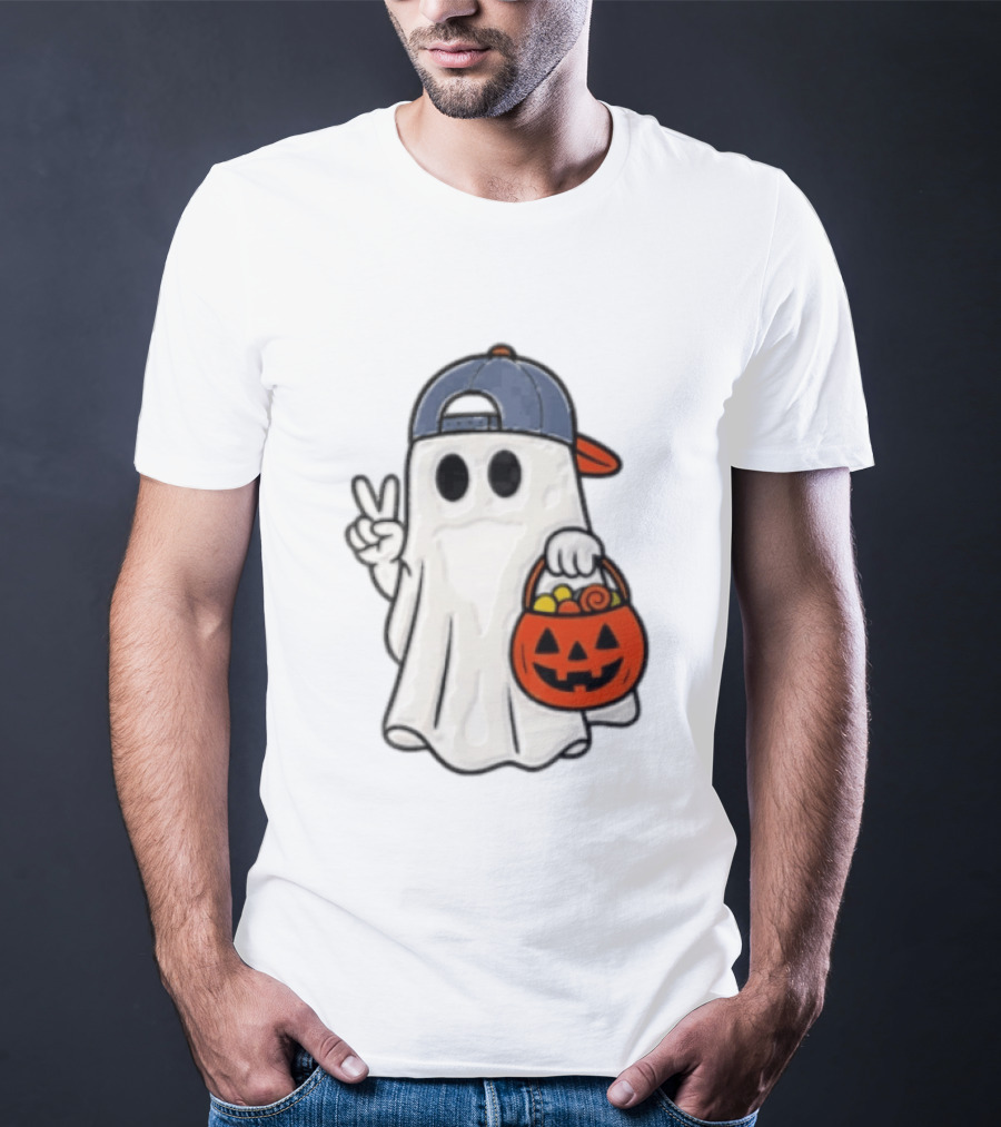 Ghost In Cap With Peace Sign Holding Pumpkin Bucket Halloween T-Shirt