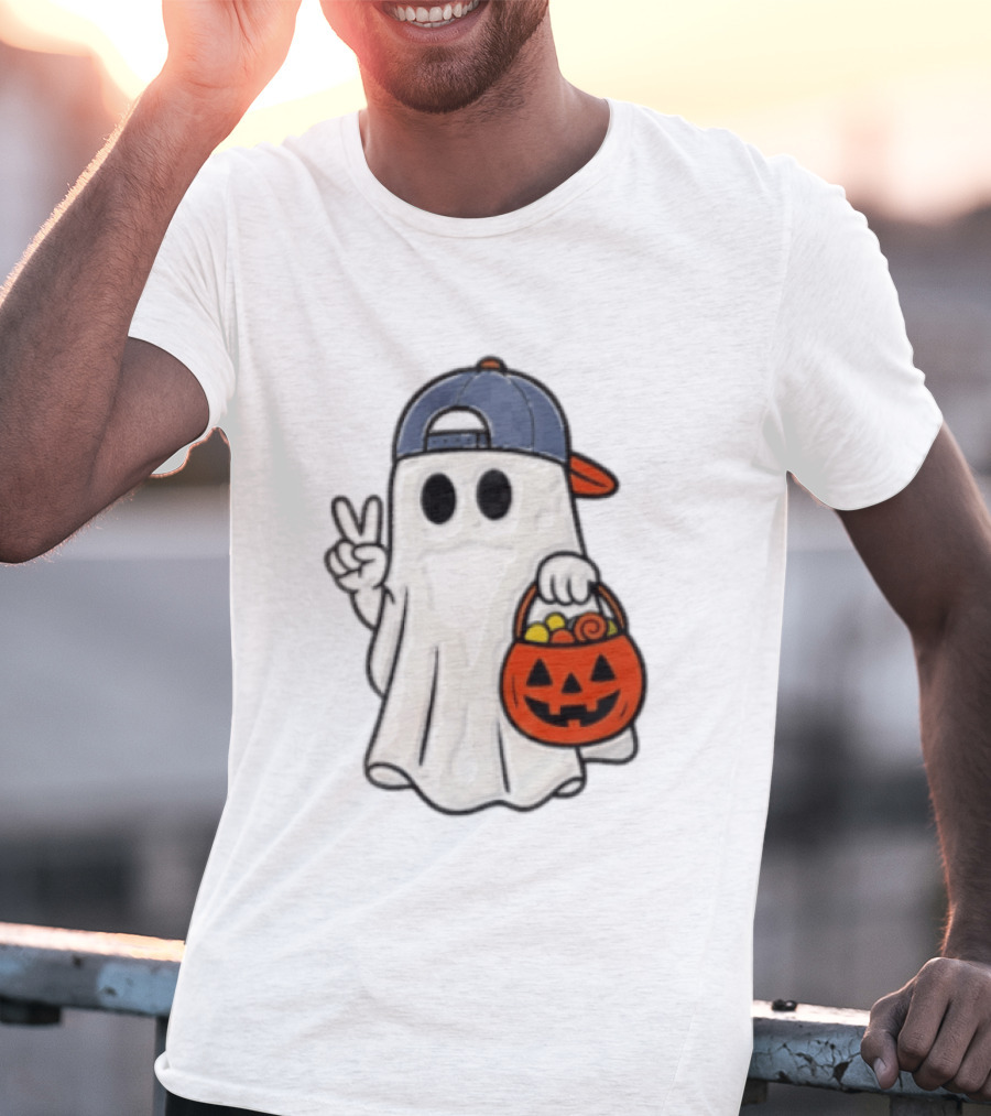 Ghost In Cap With Peace Sign Holding Pumpkin Bucket Halloween T-Shirt