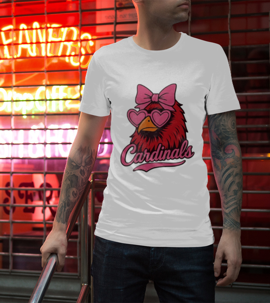 St Louis Cardinals Red Bird Pink Bow Heart Glasses T-Shirt
