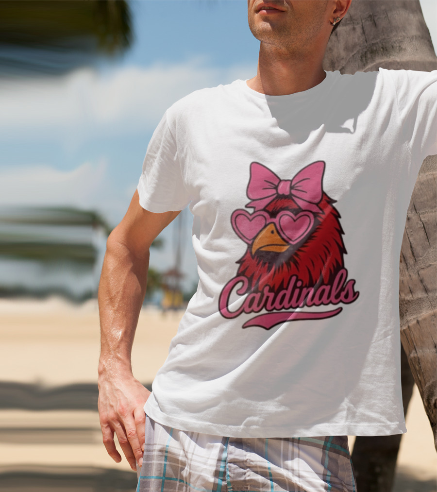 St Louis Cardinals Red Bird Pink Bow Heart Glasses T-Shirt