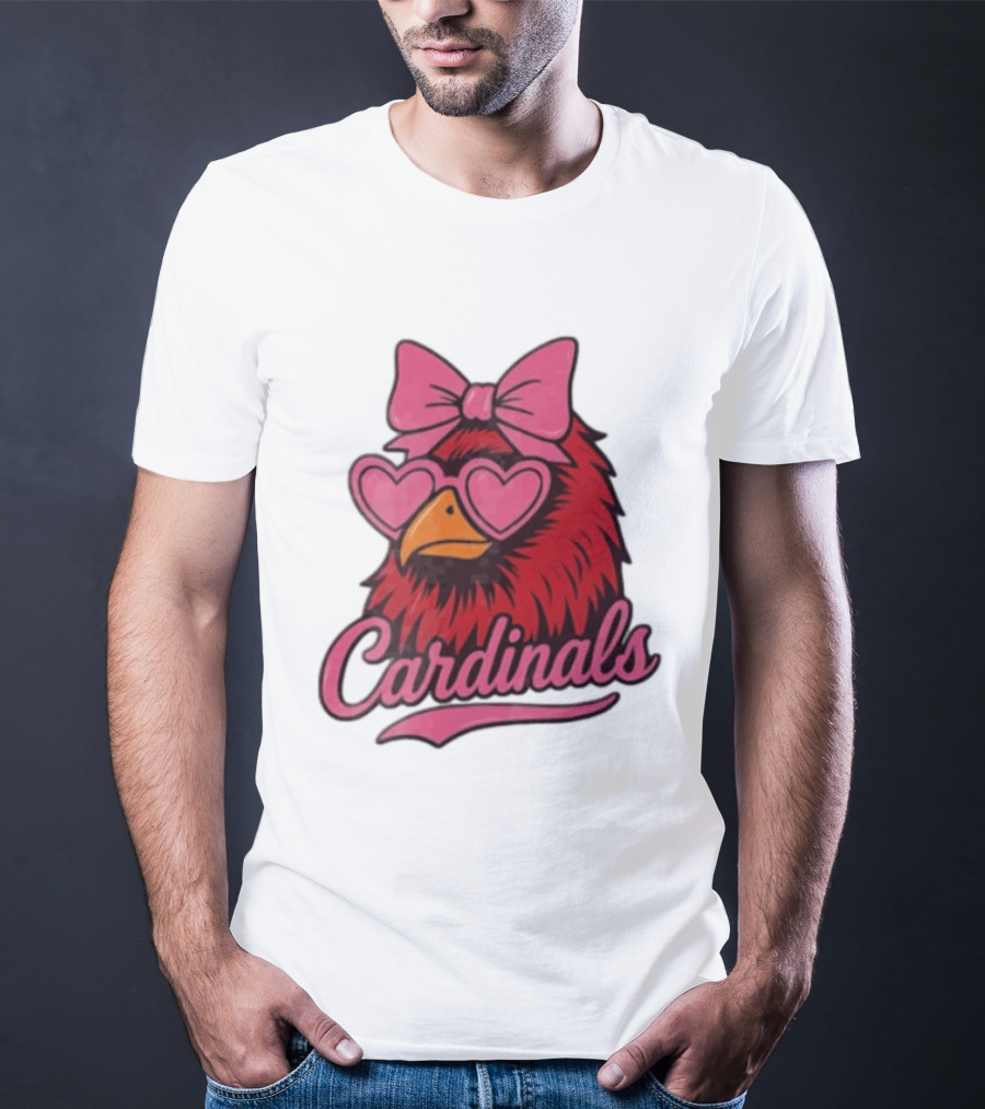 St Louis Cardinals Red Bird Pink Bow Heart Glasses T-Shirt