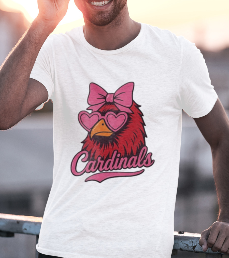 St Louis Cardinals Red Bird Pink Bow Heart Glasses T-Shirt
