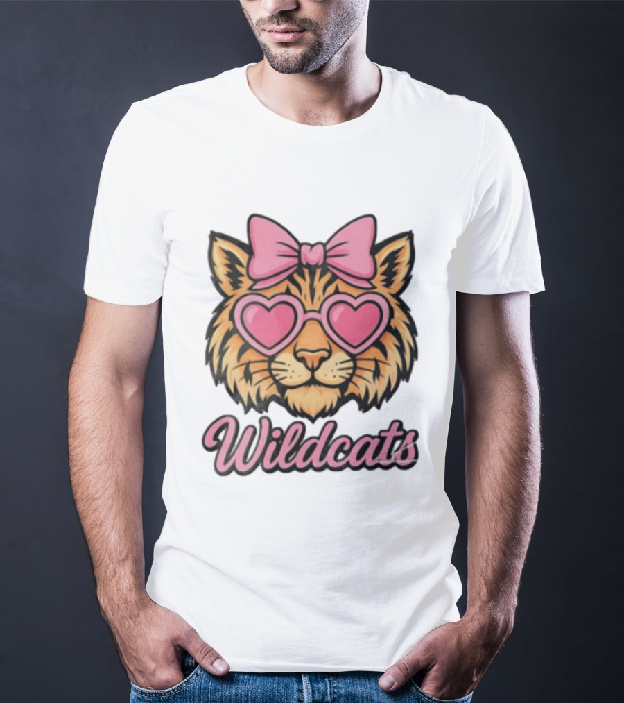 Wildcats Tiger Face Pink Bow Heart Glasses T-Shirt