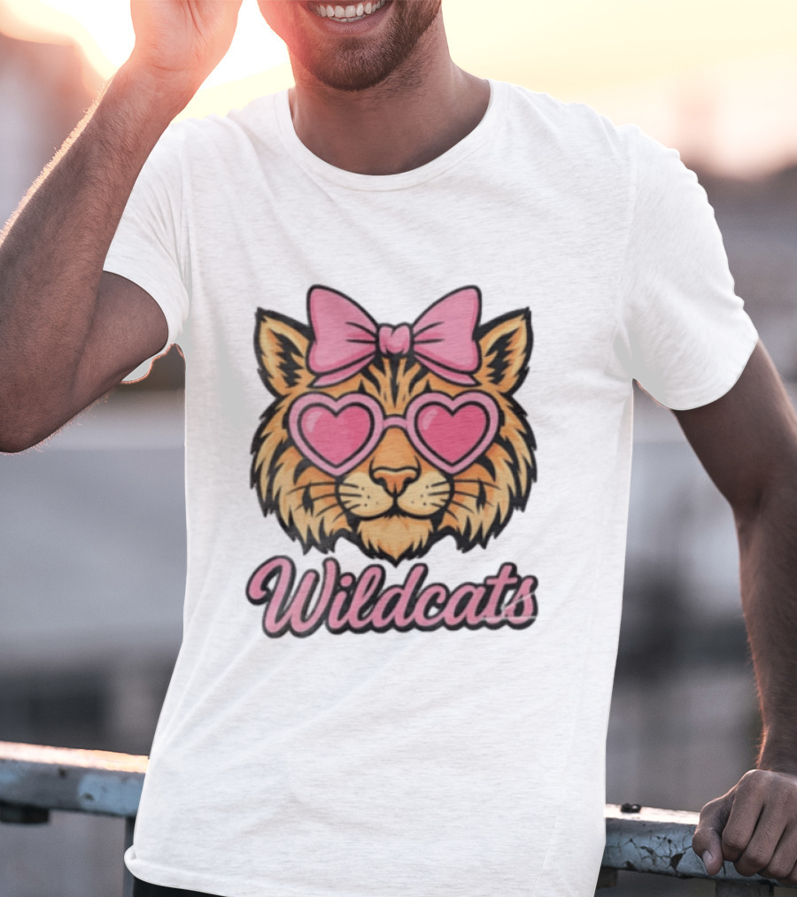 Wildcats Tiger Face Pink Bow Heart Glasses T-Shirt