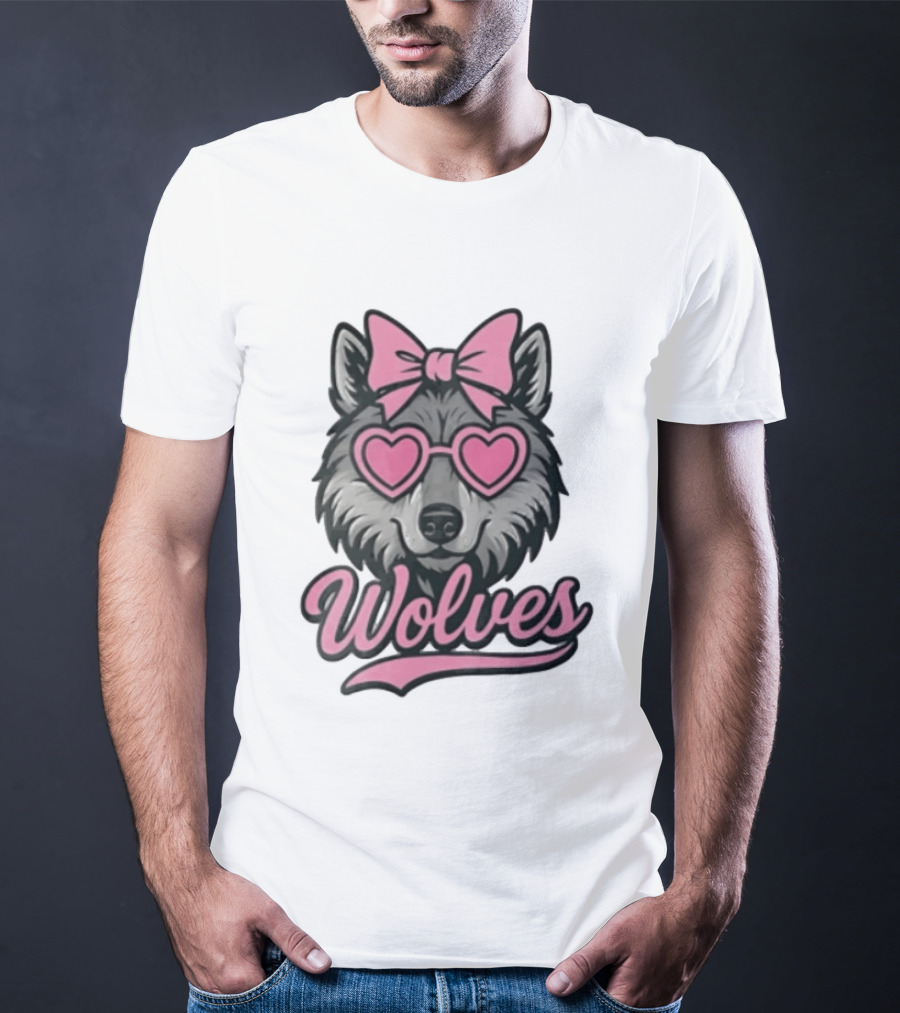 Wolves Wolf Pink Heart Glasses Bow T-Shirt