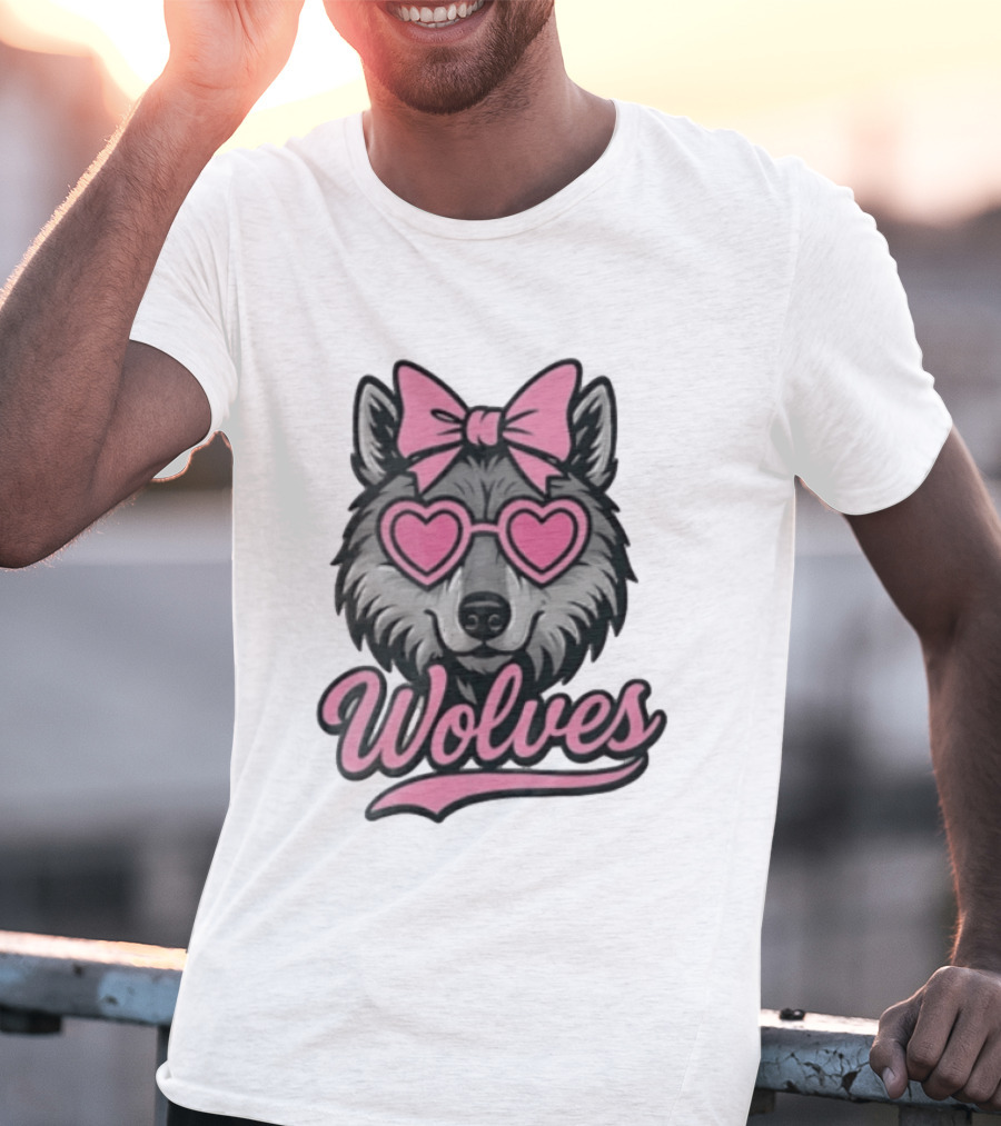 Wolves Wolf Pink Heart Glasses Bow T-Shirt