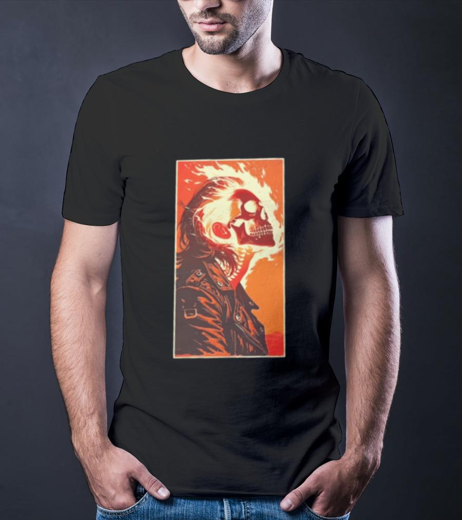 Burnout Flaming Skull Leather Jacket Man Fiery T-Shirt