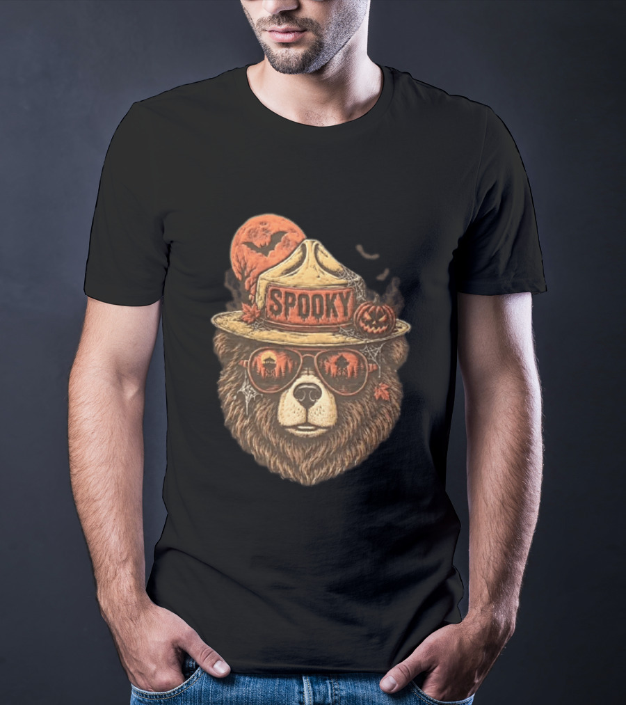Smokey Bear Spooky Halloween Fire Lookout Forest Ranger Pumpkin Bats T-Shirt