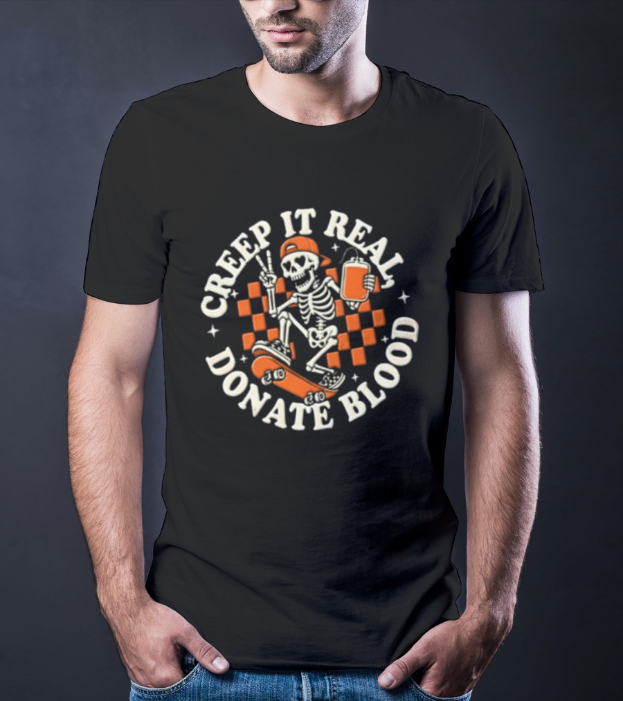 Creep It Real Donate Blood Skeleton Skateboarder Peace Sign Blood Bag T-Shirt