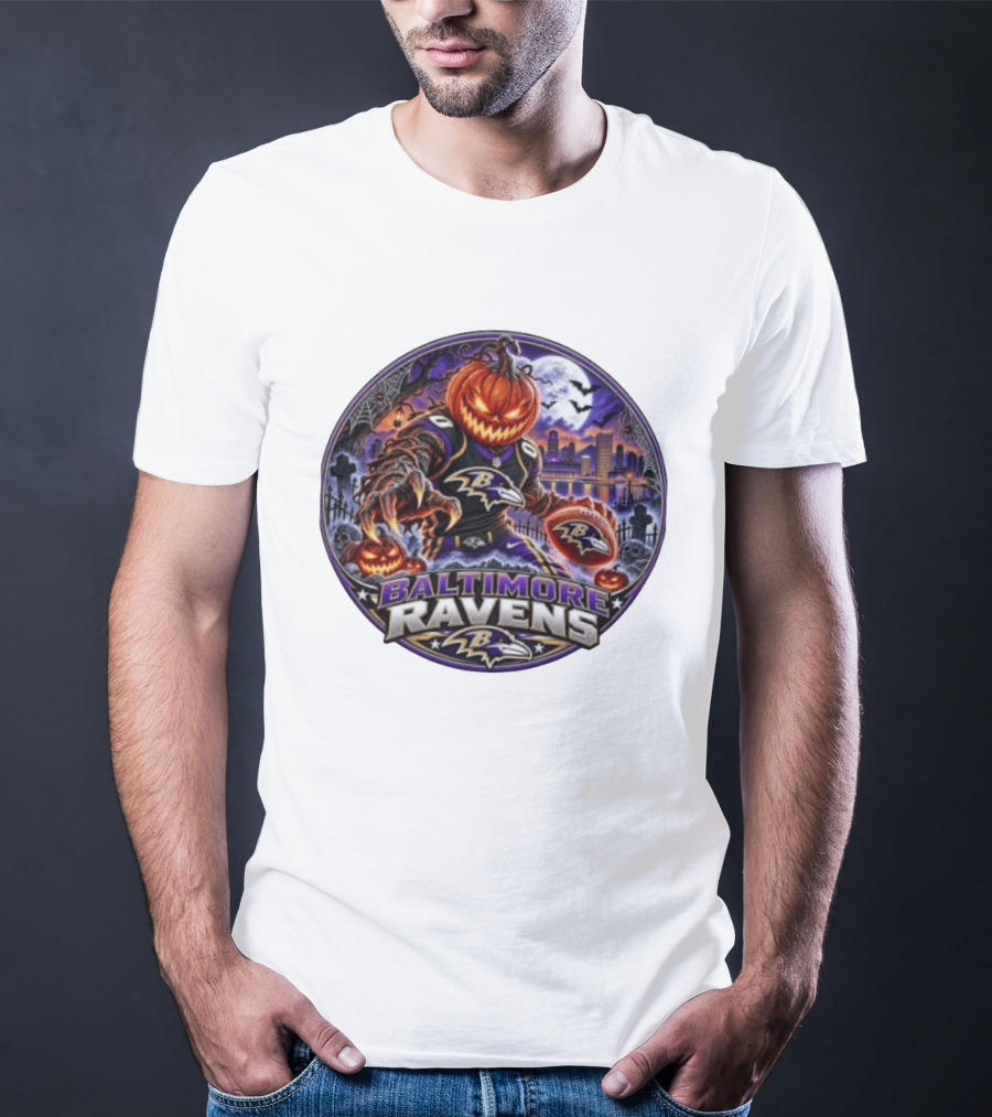 Baltimore Ravens Jack O' Lantern Halloween Football Spooky Night Ravens Stadium Skyline T-Shirt