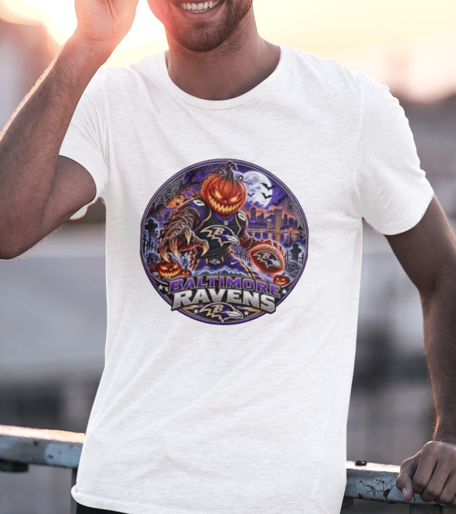 Baltimore Ravens Jack O' Lantern Halloween Football Spooky Night Ravens Stadium Skyline T-Shirt