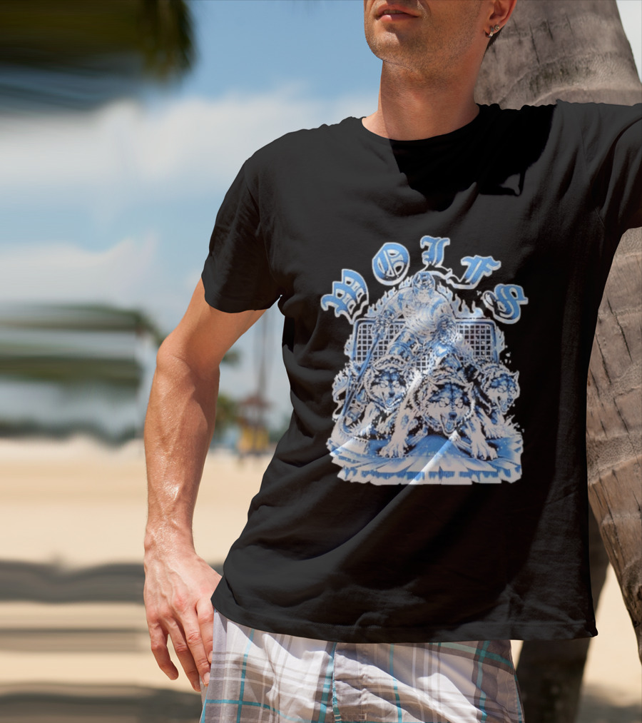 Motifs Wolf Hockey Skeleton Goalie With Three Wolves T-Shirt