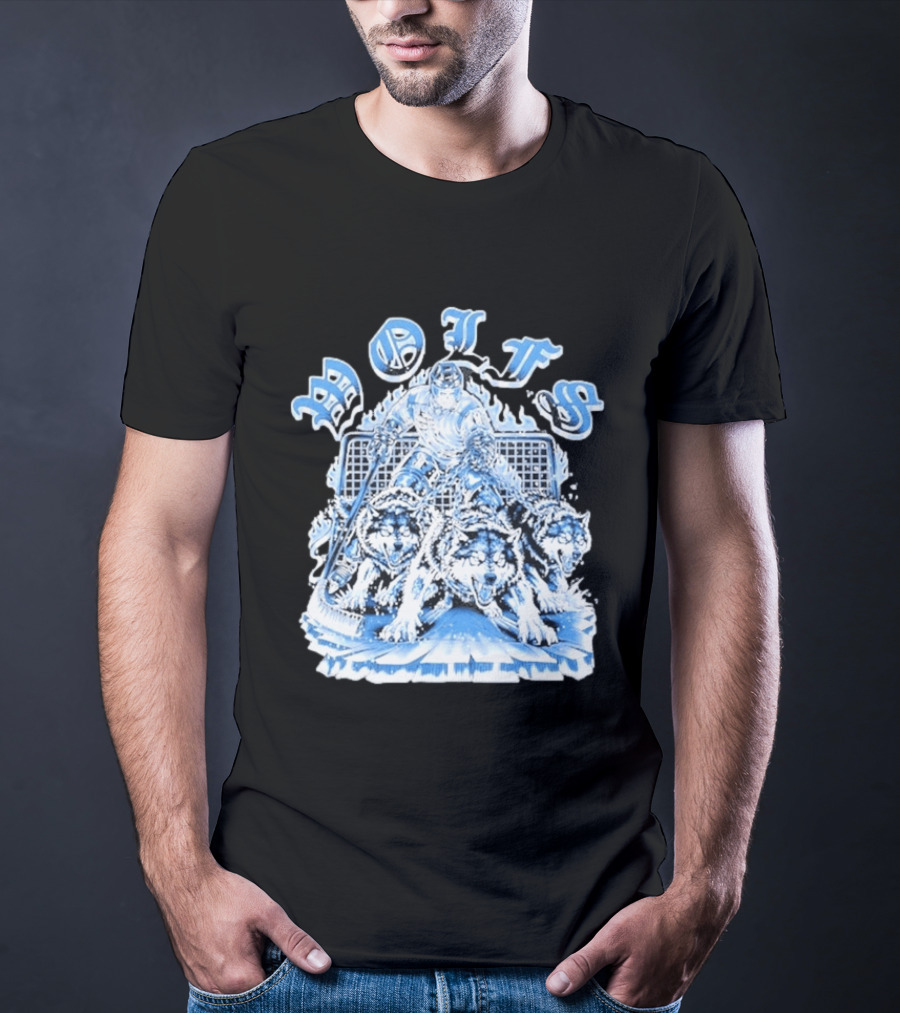 Motifs Wolf Hockey Skeleton Goalie With Three Wolves T-Shirt