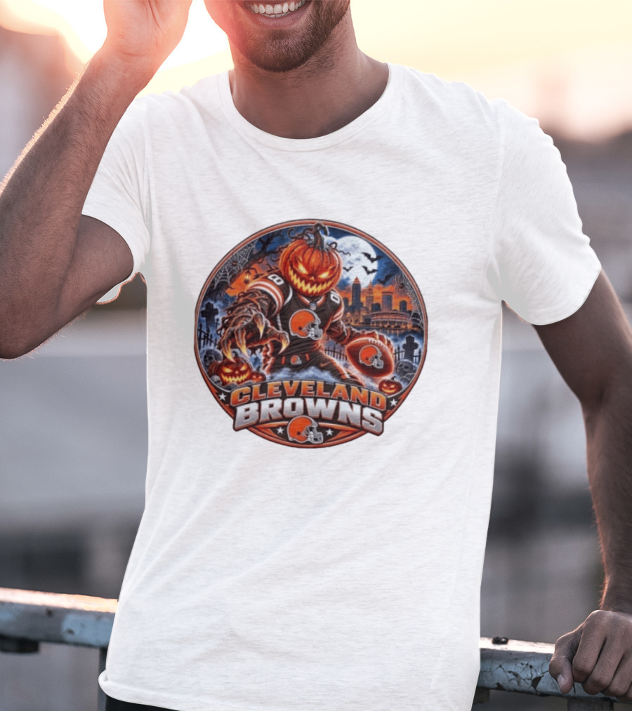 Halloween Jack O' Lantern Cleveland Browns Football Player Spooky Night T-Shirt
