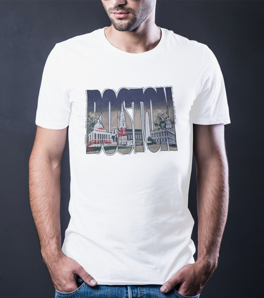 Boston City Skyline Landmark Historic Buildings Distressed T-Shirt
