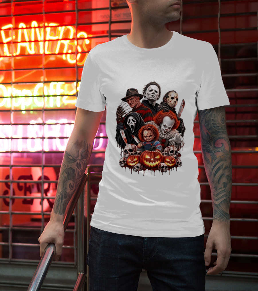 Freddy Krueger Michael Myers Jason Voorhees Ghostface Pennywise Chucky Horror Characters With Skull And Pumpkin Display T-Shirt
