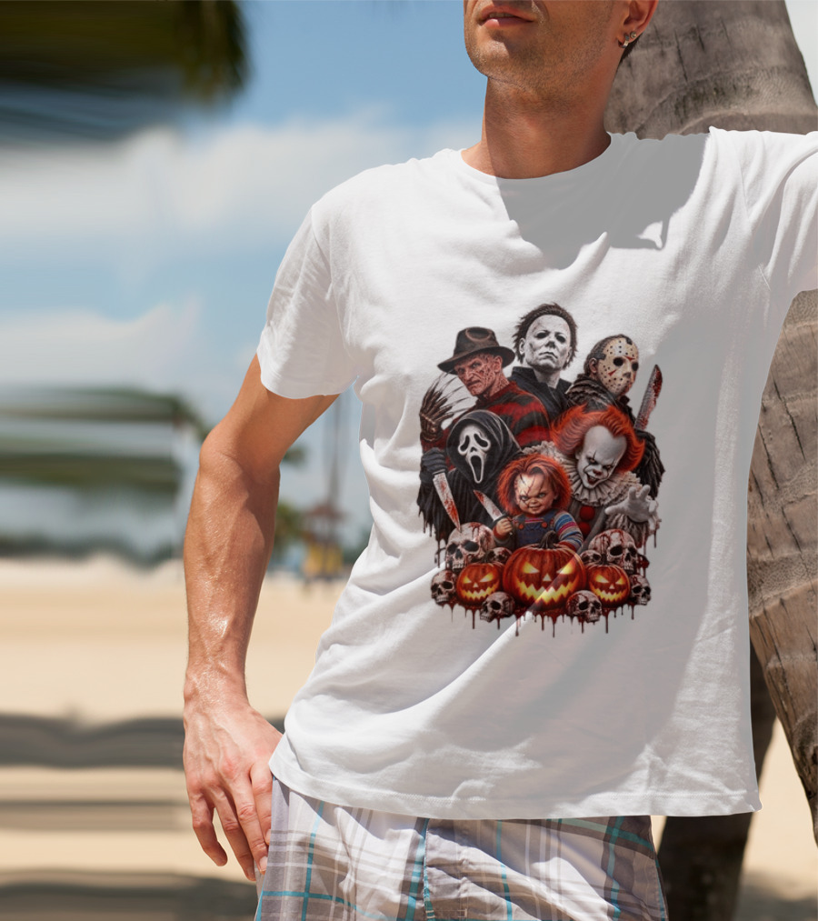 Freddy Krueger Michael Myers Jason Voorhees Ghostface Pennywise Chucky Horror Characters With Skull And Pumpkin Display T-Shirt