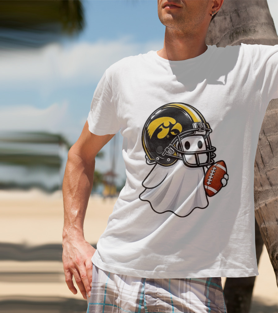 Iowa Hawkeyes Football Ghost Halloween Holding Football T-Shirt