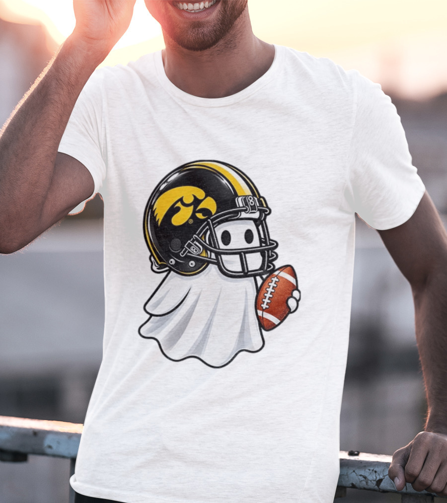 Iowa Hawkeyes Football Ghost Halloween Holding Football T-Shirt