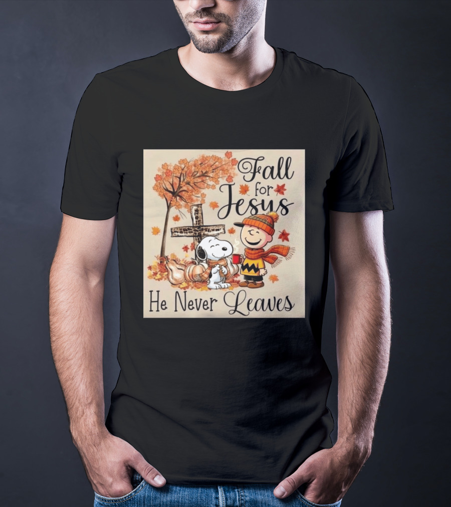 Charlie Brown Snoopy Fall For Jesus He Never Leaves Autumn Scene T-Shirt