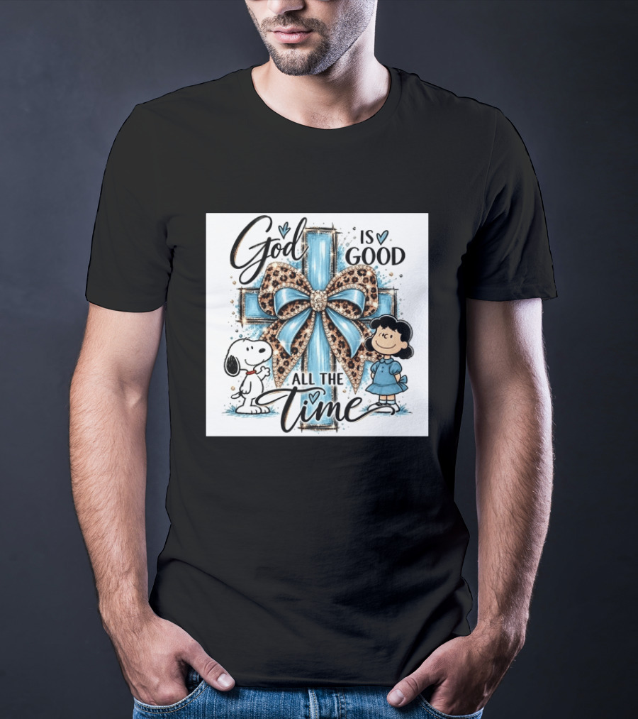Snoopy And Lucy God Is Good All The Time Blue Cross And Leopard Bow T-Shirt
