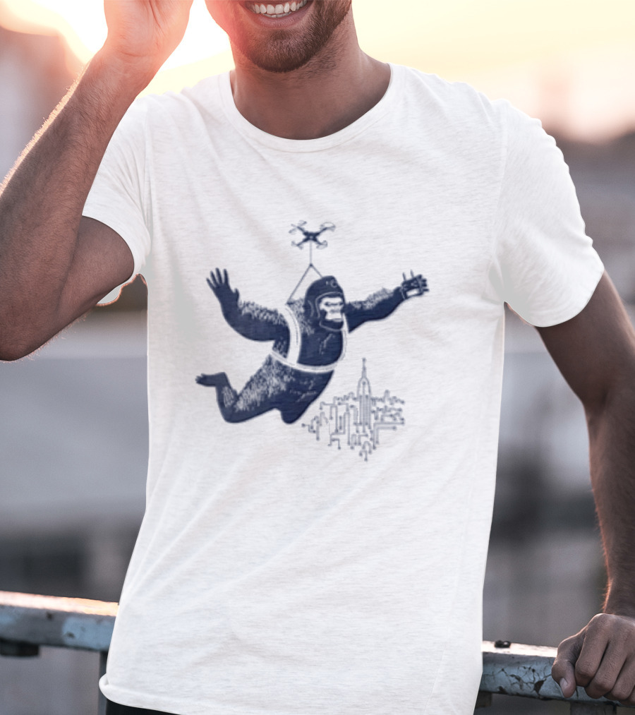 Gorilla Parachuting With Drone Over City Skyline T-Shirt