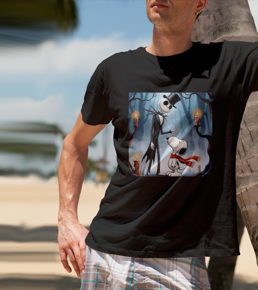The Nightmare Before Christmas Jack Skellington And Snoopy Candles In Haunted Forest T-Shirt
