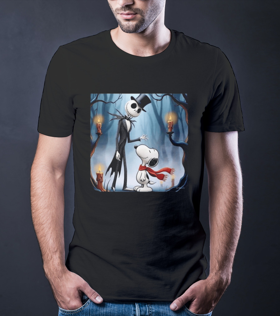 The Nightmare Before Christmas Jack Skellington And Snoopy Candles In Haunted Forest T-Shirt