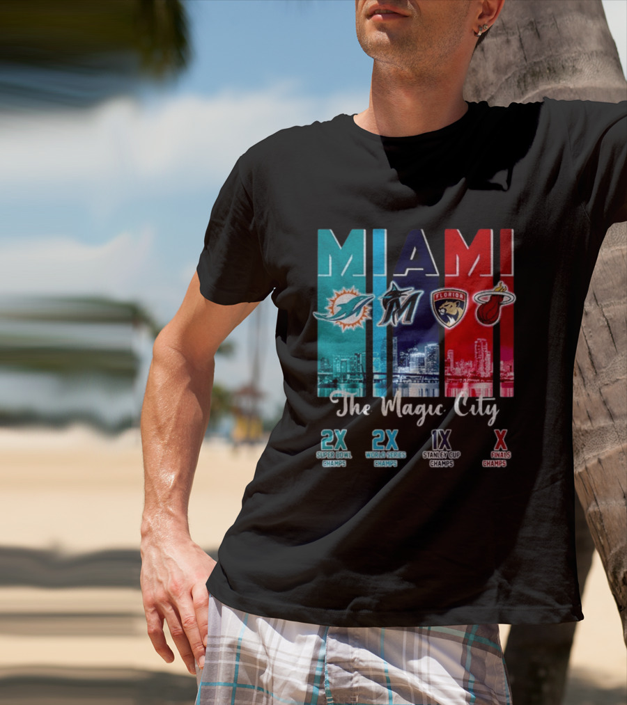 MIAMI The Magic City Dolphins Marlins Panthers Heat Champs T-Shirt