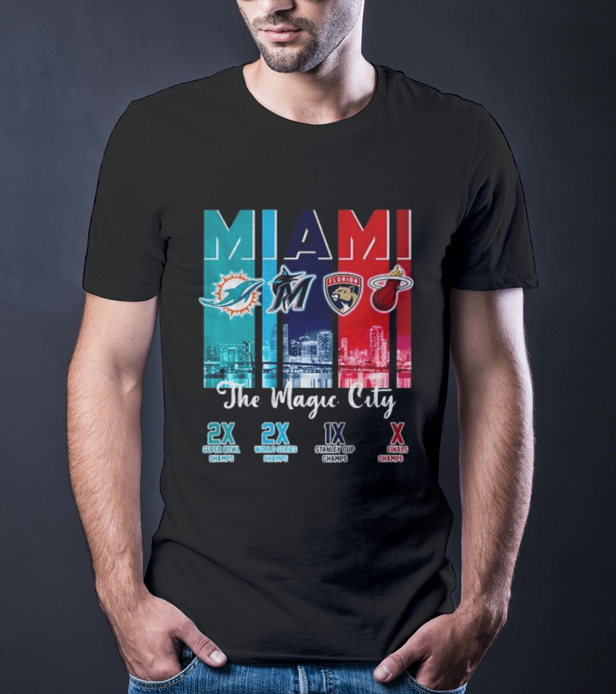 MIAMI The Magic City Dolphins Marlins Panthers Heat Champs T-Shirt