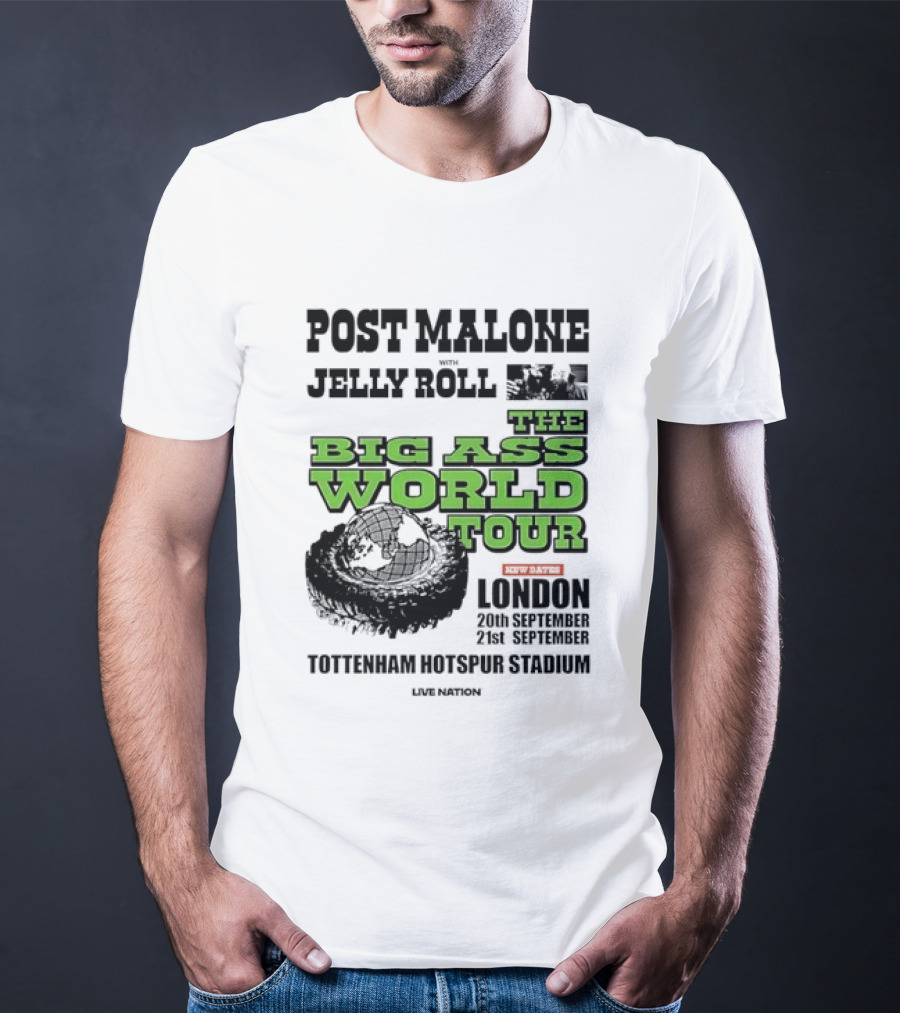 Post Malone Jelly Roll Live Nation The Big Ass World Tour London Tottenham Hotspur Stadium 2023 T-Shirt