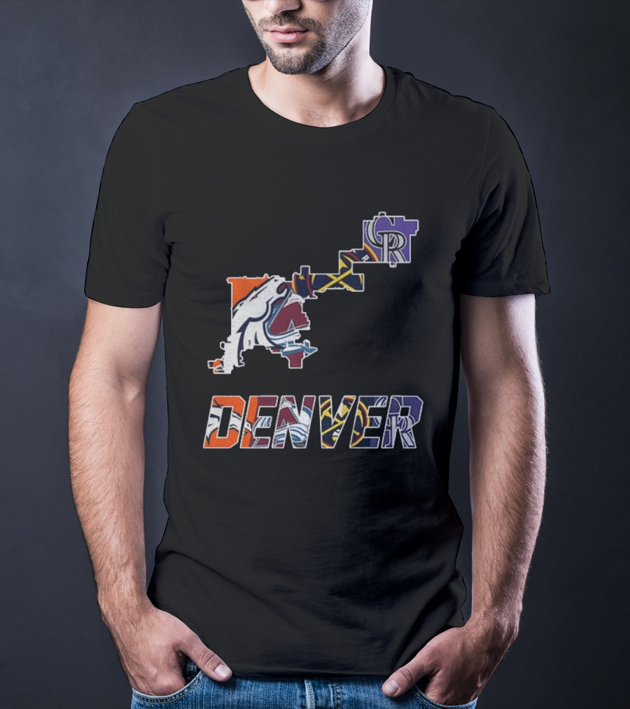 Denver Broncos Nuggets Avalanche Rockies Team Map T-Shirt