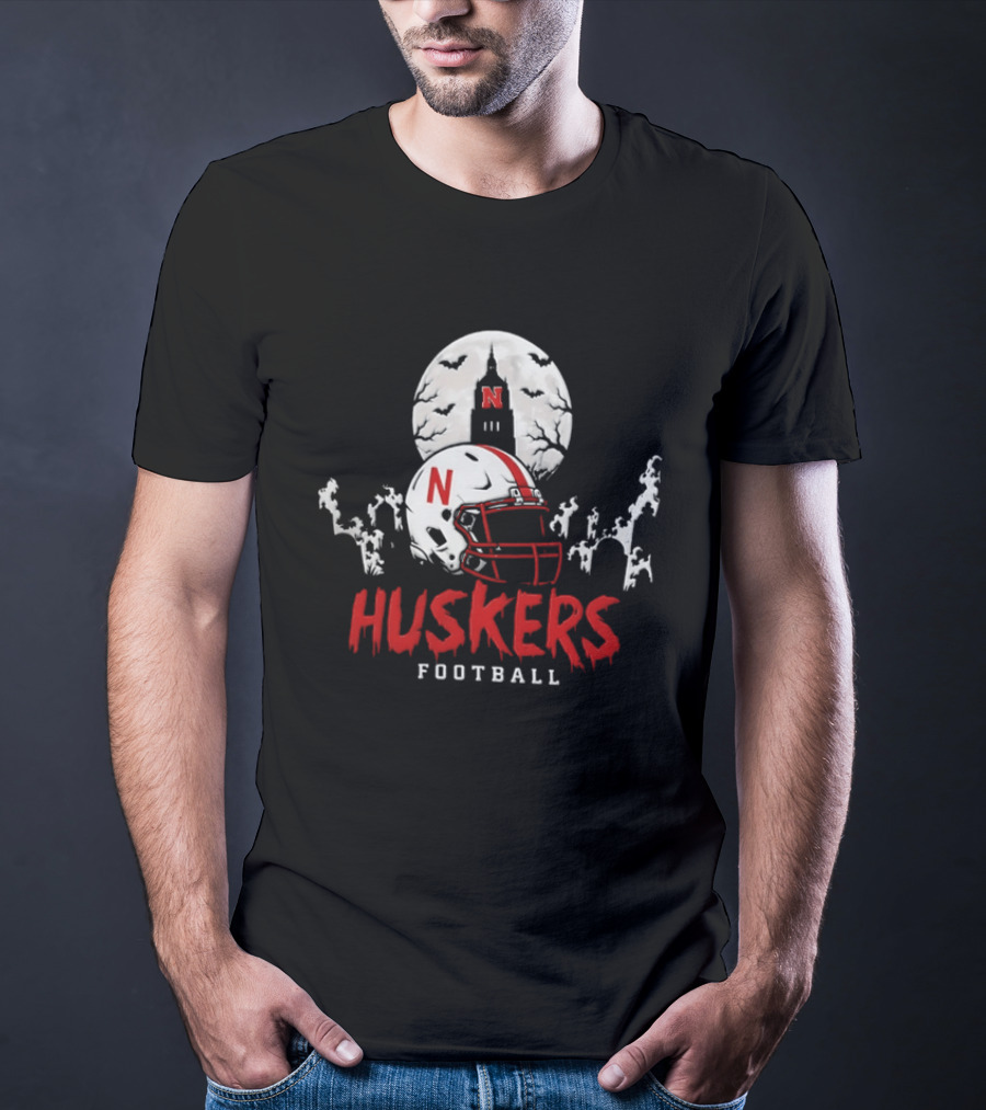 Nebraska Huskers Football Halloween Spooky Helmet Bats Moon 2026 T-Shirt