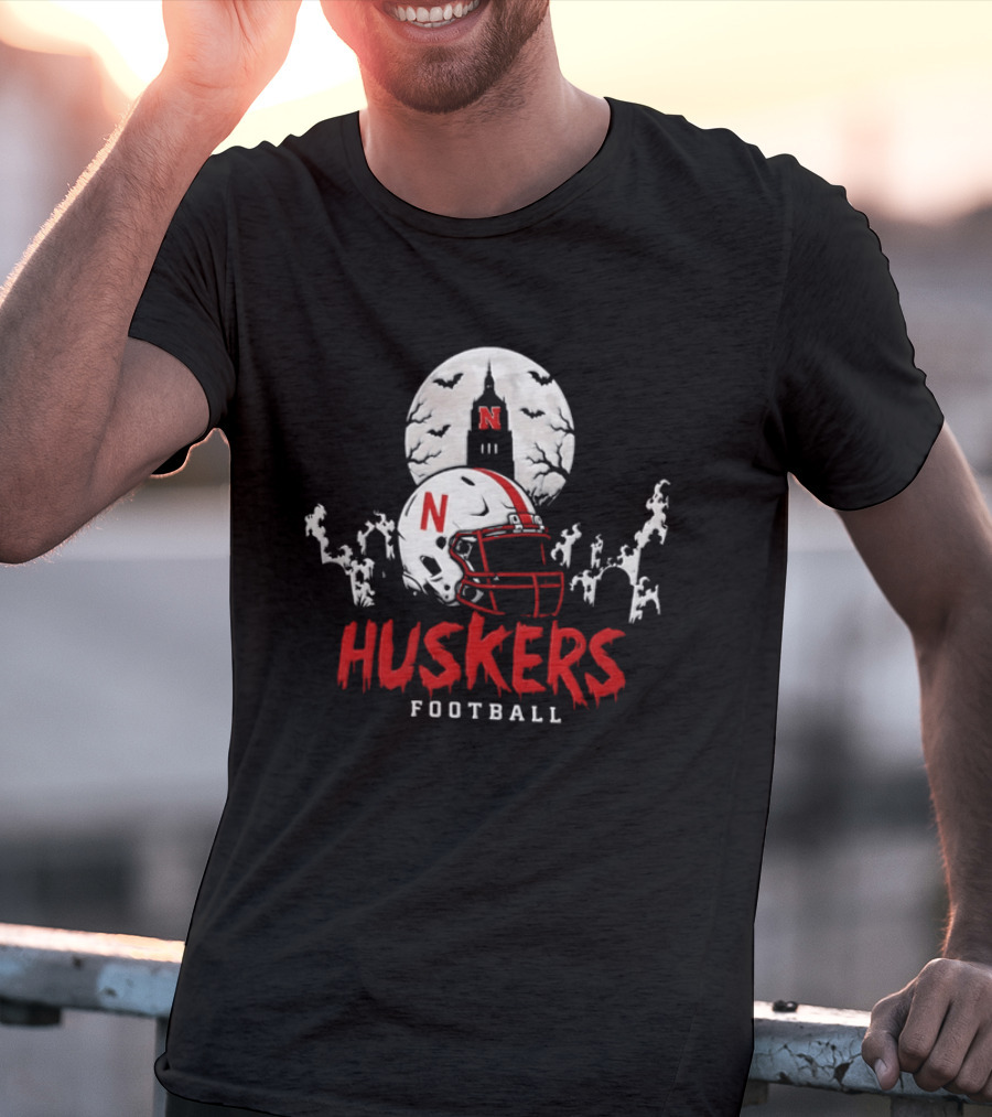 Nebraska Huskers Football Halloween Spooky Helmet Bats Moon 2026 T-Shirt