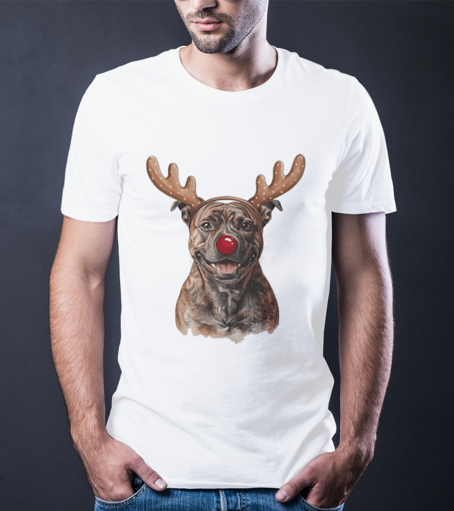 Brindle Pit Bull With Reindeer Antlers And Red Nose T-Shirt