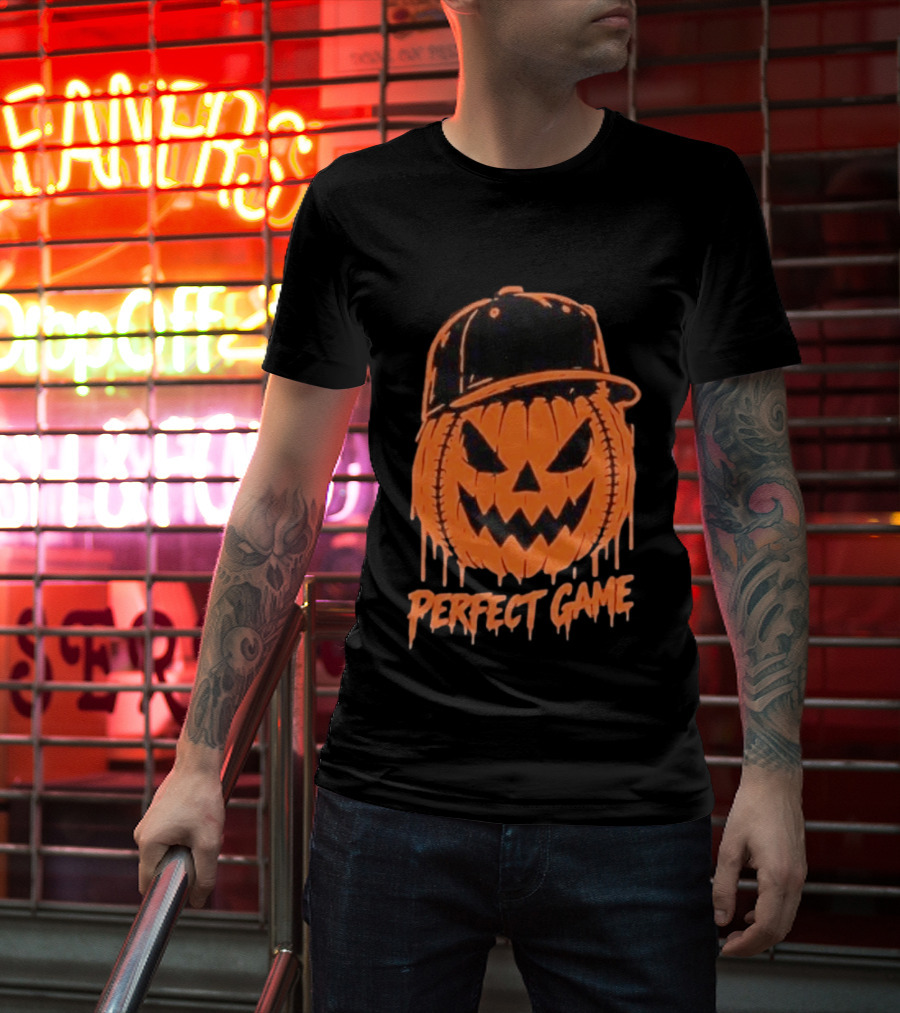 Perfect Game Halloween Pumpkin Baseball Hat Creepy Face T-Shirt