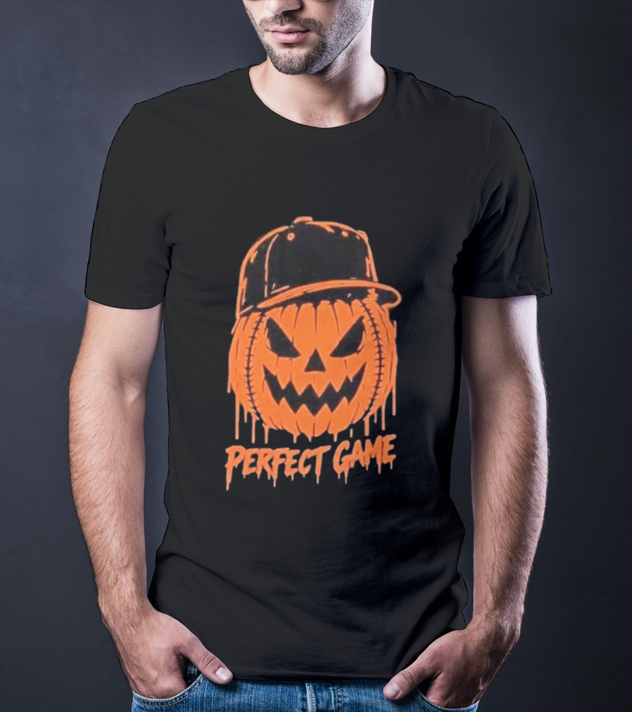 Perfect Game Halloween Pumpkin Baseball Hat Creepy Face T-Shirt