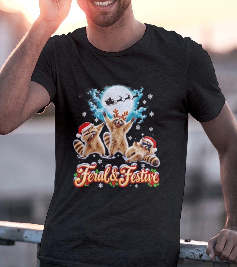 Feral And Festive Raccoons Christmas Holiday Santa And Reindeer T-Shirt