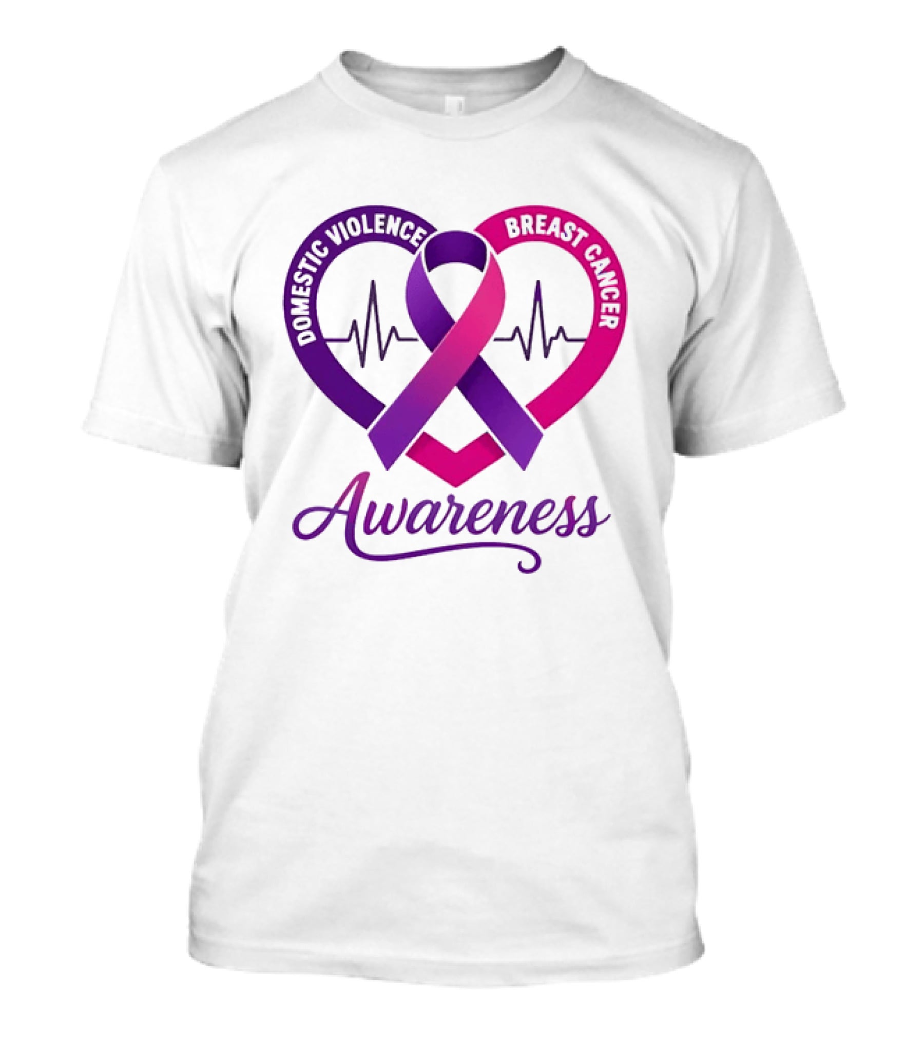 Domestic Violence And Breast Cancer Awareness Heart Ribbon Purple Pink T-Shirt