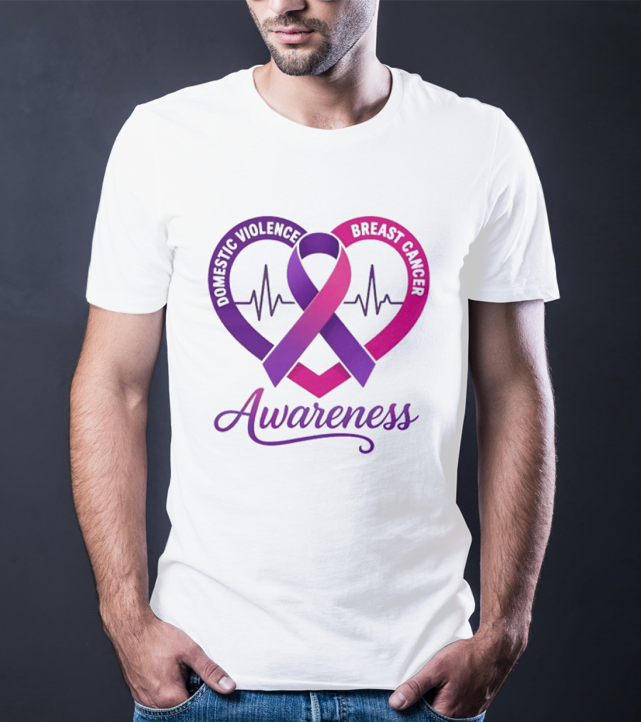 Domestic Violence And Breast Cancer Awareness Heart Ribbon Purple Pink T-Shirt