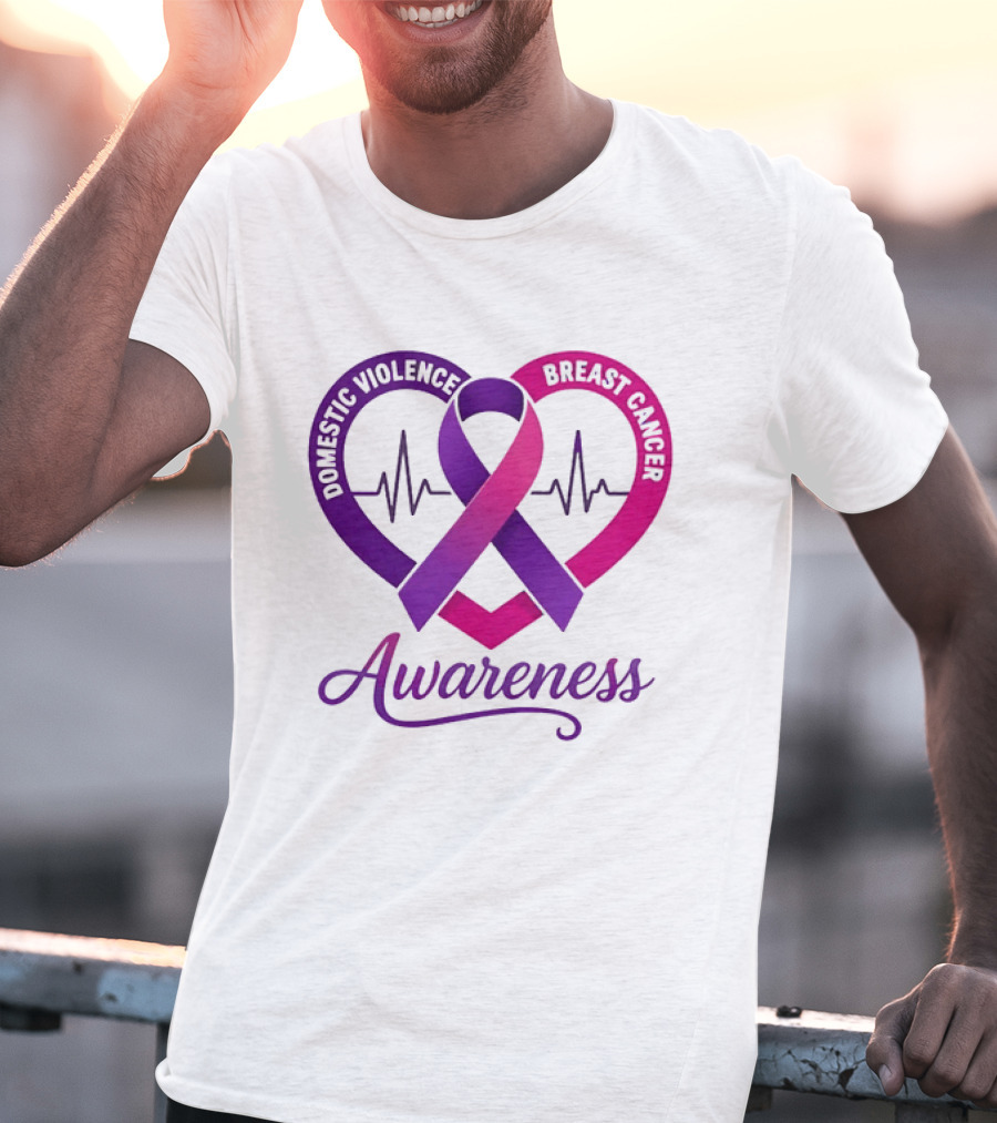 Domestic Violence And Breast Cancer Awareness Heart Ribbon Purple Pink T-Shirt