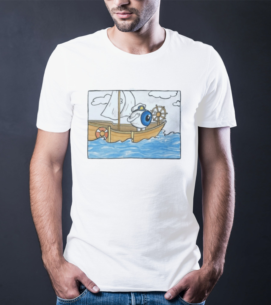 Eye Eye Captain Cartoon Eyeball Sailor Steering Ship Ocean Waves T-Shirt