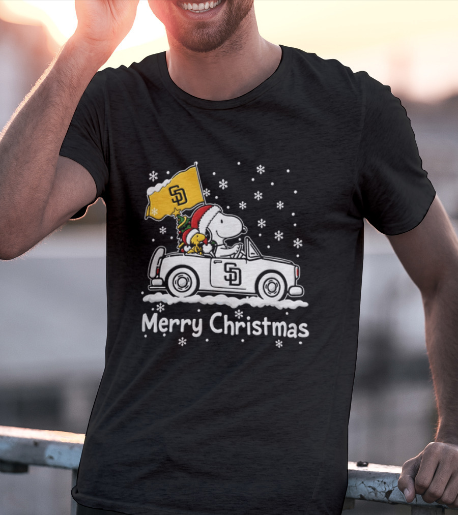 Snoopy And Woodstock Driving San Diego Padres Car Merry Christmas 2026 T-Shirt