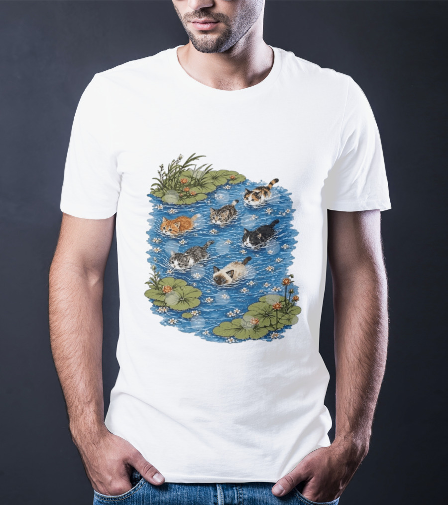 Kittens Swimming Among Water Lilies In Pond Scene T-Shirt
